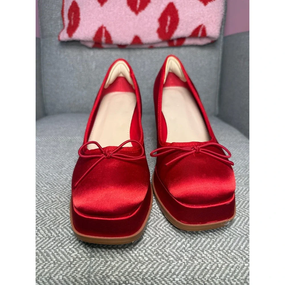 Coutgo Red‎ Satin Platform Pumps Block Heel Square Toe Bow Heels Womens 8.5
